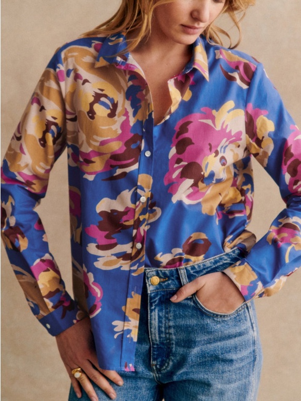 Sezane Blue Floral Print Button-Down Shirt